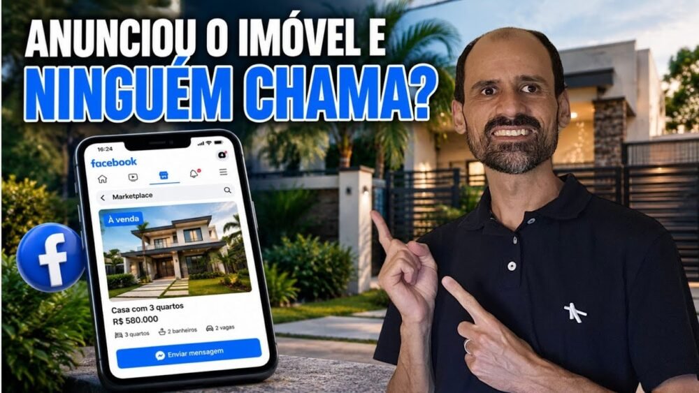Ailto Rodrigues apontando para um anúncio de casa à venda no Marketplace Facebook aberto no celular