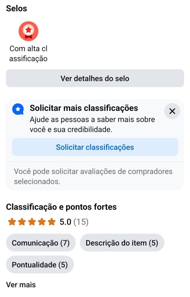 Perfil de vendedora no Marketplace Facebook com selo de alta classificação, botão Solicitar classificações e nota 5,0 com 15 avaliações