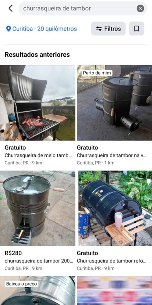 Busca por churrasqueira de tambor no Marketplace Facebook mostrando vários anúncios do mesmo vendedor em sequência