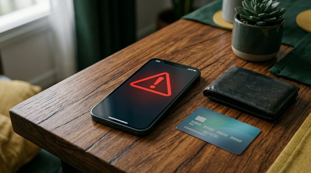 Celular sobre a mesa com um triângulo vermelho de alerta na tela, ao lado de uma carteira e um cartão