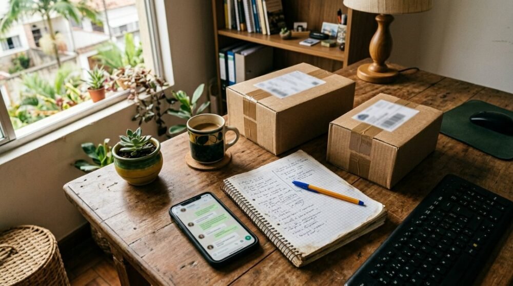 Mesa de trabalho em casa com celular aberto numa conversa com cliente, caderno de anotações e caixas prontas para entrega