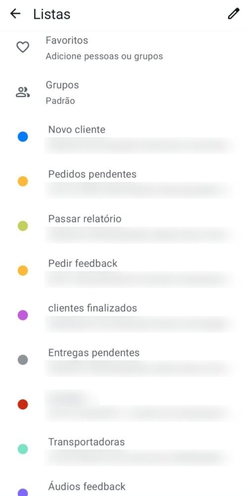 Listas do WhatsApp Business separadas por etapa do cliente, com as listas Pedir feedback e clientes finalizados