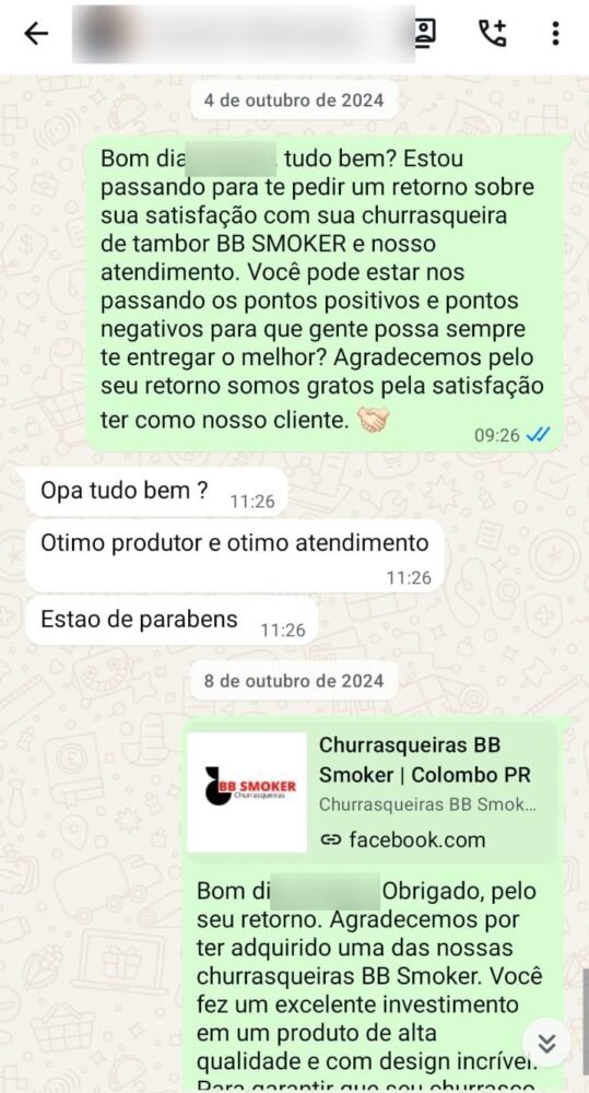 Conversa de pós-venda no WhatsApp em que o vendedor pergunta ao cliente como foi a experiência e o cliente elogia o produto e o atendimento