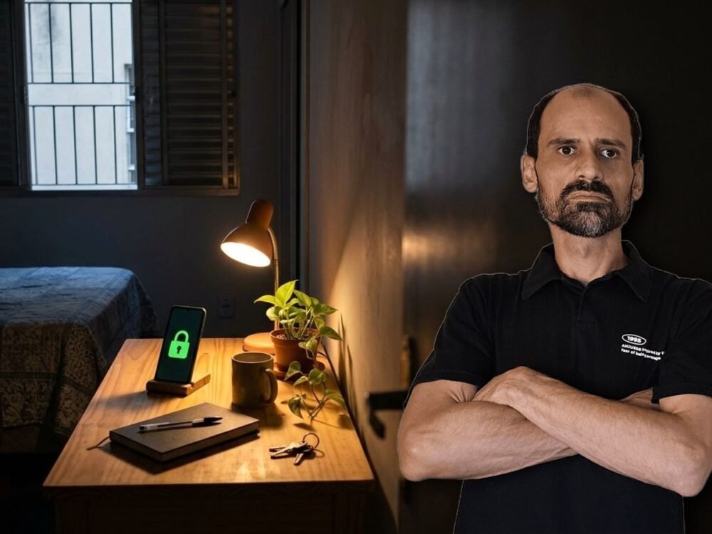 Ailto Rodrigues de braços cruzados ao lado da escrivaninha com o celular mostrando um cadeado verde de conta protegida