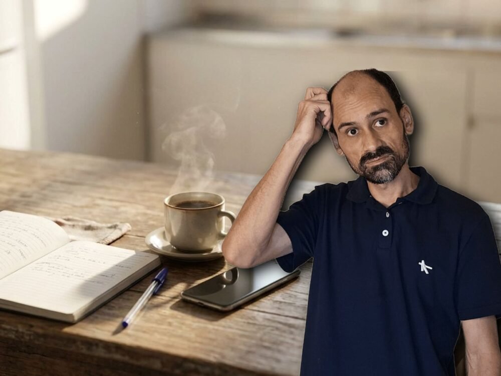 Ailto Rodrigues pensativo ao lado da mesa da cozinha com o caderno de anotações, o café e o celular