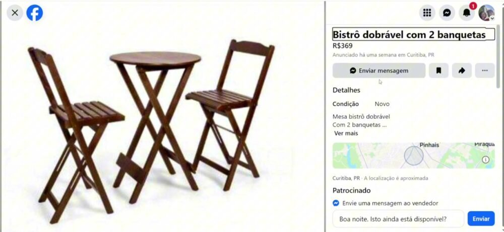 Anúncio de bistrô dobrável com 2 banquetas no Marketplace Facebook com uma única foto e descrição de três linhas