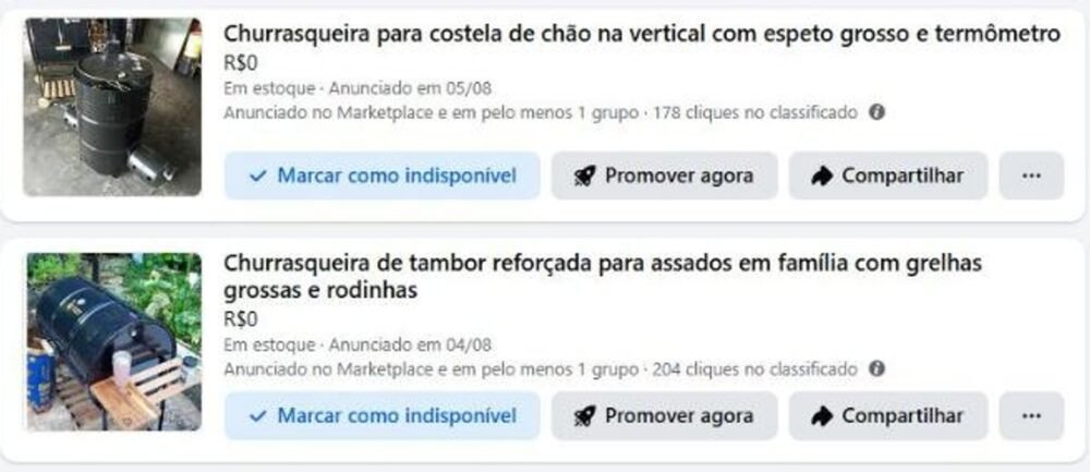Lista Seus classificados do Marketplace Facebook com dois anúncios de churrasqueira, um com 178 cliques e outro com 204 cliques, cada um com uma foto de capa diferente