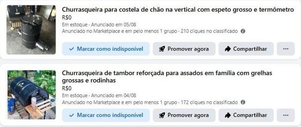 Lista Seus classificados do Marketplace Facebook com dois anúncios de churrasqueira de títulos diferentes, um com 210 cliques e outro com 172 cliques