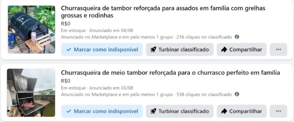 Lista Seus classificados do Marketplace Facebook com um anúncio de churrasqueira de meio tambor com 538 cliques e um de churrasqueira de tambor com 216 cliques
