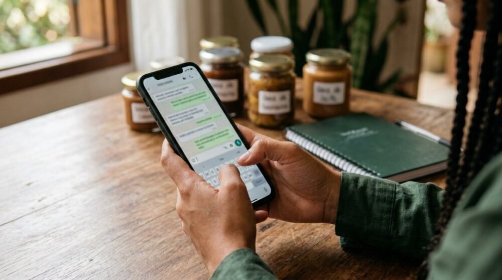 Mãos segurando o celular e respondendo mensagens de clientes, com potes de doce caseiro embalados ao fundo