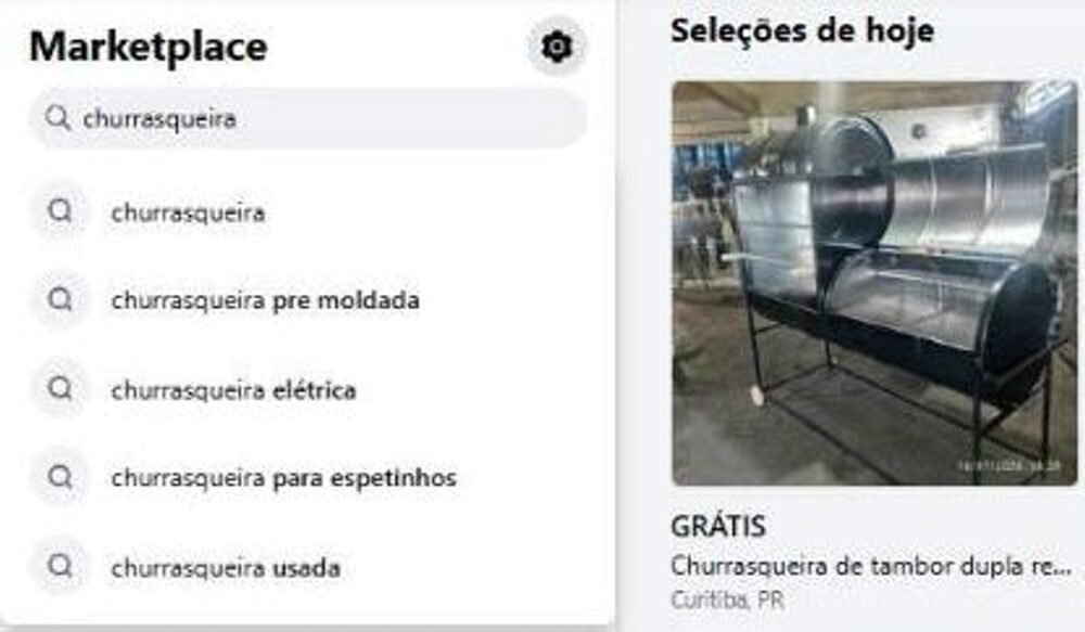 Barra de busca do Marketplace Facebook com a palavra churrasqueira digitada e as sugestões churrasqueira pré-moldada, elétrica, para espetinhos e usada