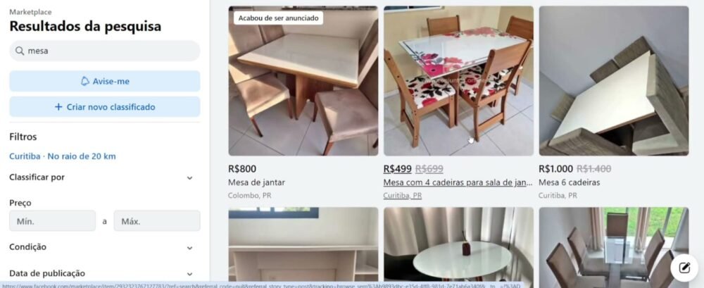 Resultados da pesquisa por mesa no Marketplace Facebook com várias fotos cortadas, sem mostrar o produto inteiro