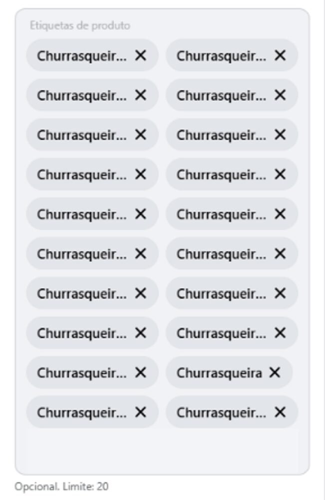 Campo Etiquetas de produto na edição de um anúncio do Marketplace Facebook com 20 etiquetas preenchidas e o aviso Opcional, limite 20