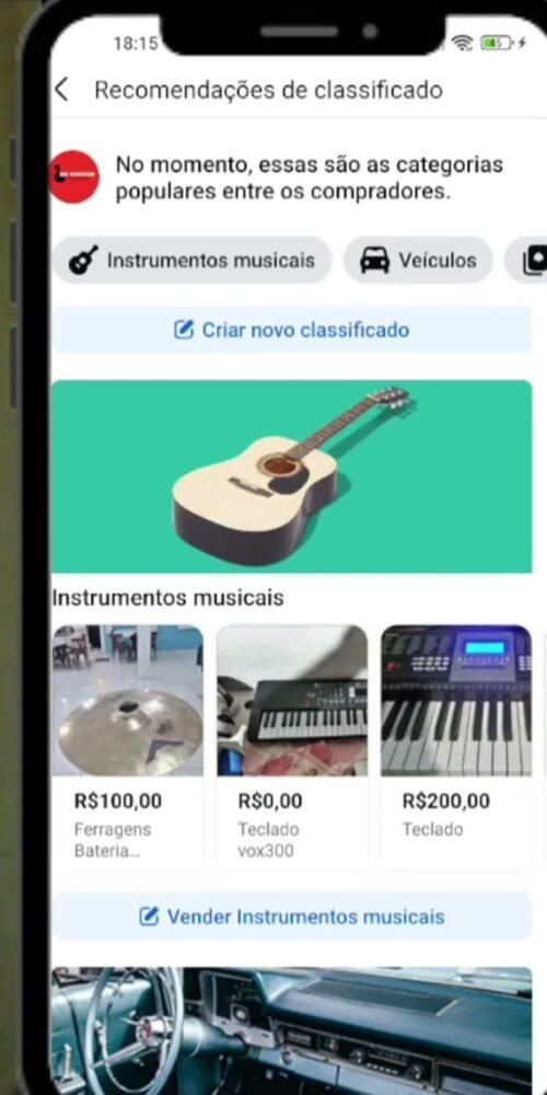 Tela Recomendações de classificado do Marketplace com o texto No momento, essas são as categorias populares entre os compradores e as categorias Instrumentos musicais e Veículos