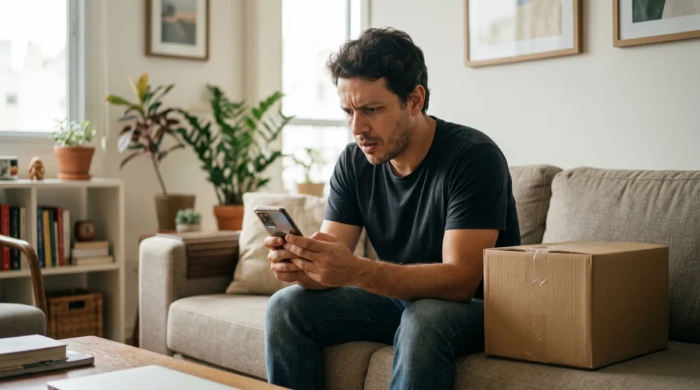 Homem sentado no sofá da sala olhando o celular com cara de quem descobriu um erro no anúncio, com uma caixa de produto novo ao lado