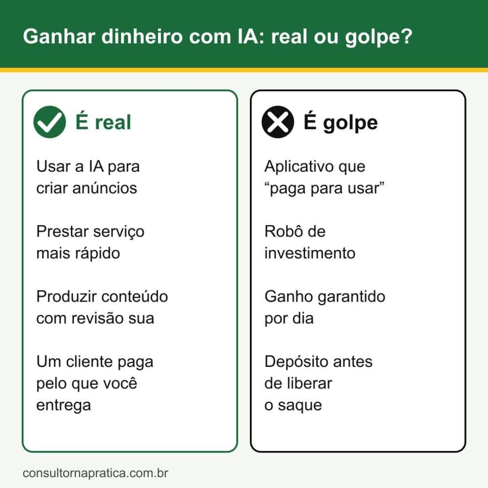 Esquema comparando o que é real e o que é golpe ao ganhar dinheiro com IA: real é usar a IA como ferramenta de venda, serviço e conteúdo; golpe é aplicativo que paga por usar, robô de investimento e ganho garantido