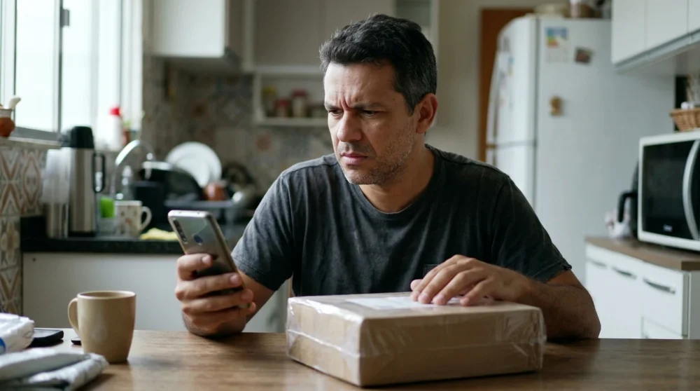 Homem na mesa da cozinha conferindo com atenção o extrato do banco no celular antes de entregar um produto novo embalado