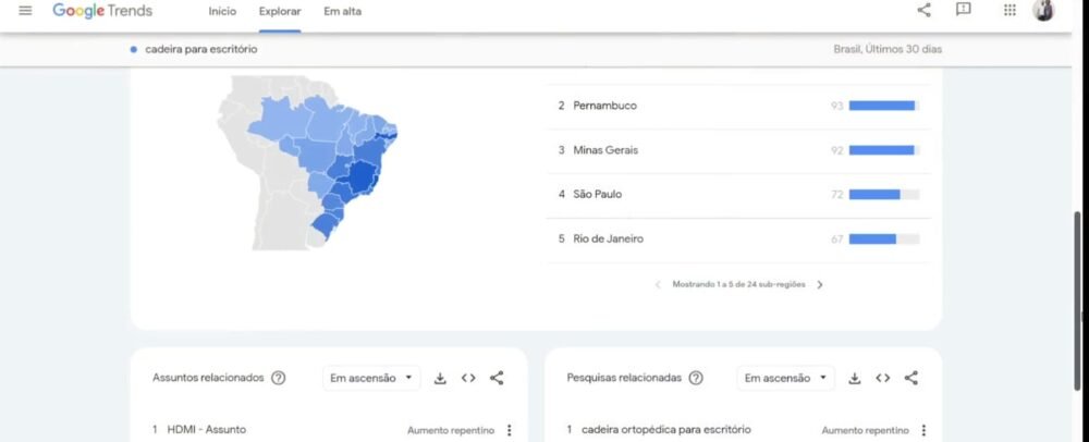 Google Trends com o termo cadeira para escritório no Brasil nos últimos 30 dias, mapa do interesse por estado e a lista com Pernambuco, Minas Gerais, São Paulo e Rio de Janeiro