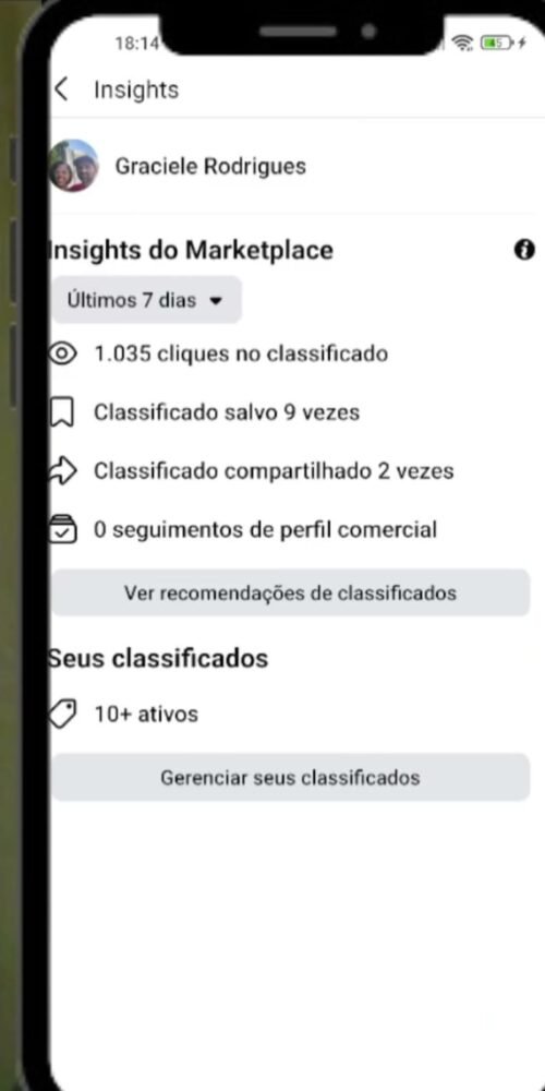 Tela Insights do Marketplace no celular mostrando 1.035 cliques no classificado em 7 dias, classificado salvo 9 vezes e o botão Ver recomendações de classificados