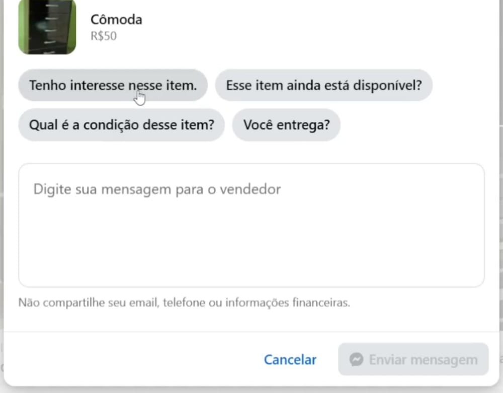 Janela Enviar mensagem do Marketplace Facebook com as frases prontas Tenho interesse nesse item, Esse item ainda está disponível, Qual é a condição desse item e Você entrega