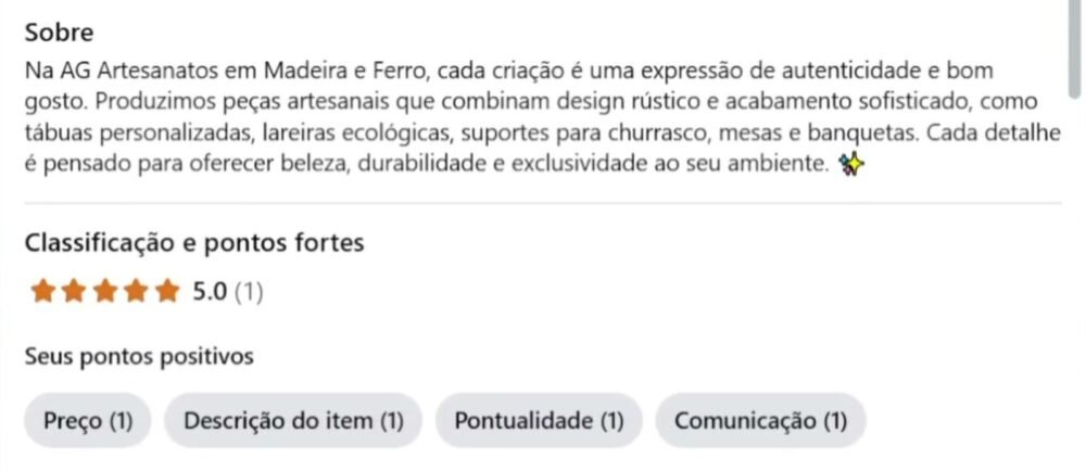 Perfil do Marketplace Facebook de um fornecedor de artesanato em madeira e ferro, com a descrição do que ele produz e classificação de 5 estrelas