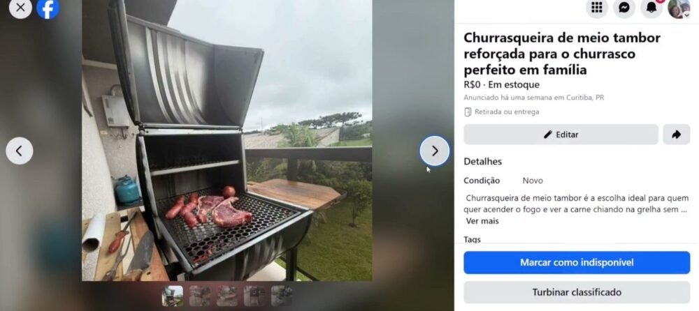 Anúncio de churrasqueira de meio tambor no Marketplace Facebook com a primeira foto mostrando a churrasqueira aberta em uma varanda com carne assando na grelha