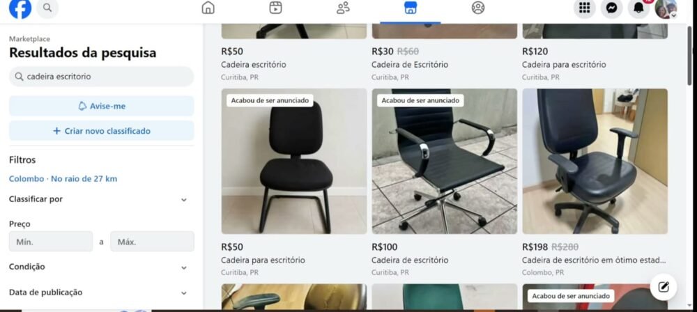 Resultados da busca por cadeira escritório no Marketplace Facebook com vários anúncios de vendedores diferentes, preços de 30 a 198 reais e fotos cortadas
