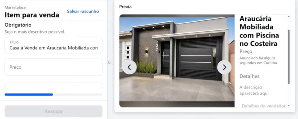 Tela de criação de item à venda no Marketplace Facebook com o título Casa à Venda em Araucária Mobiliada começando pela palavra-chave, o campo de preço e a prévia com a foto da casa