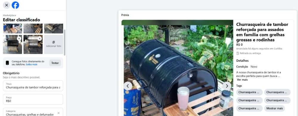Tela de edição de um anúncio no Marketplace Facebook com o título começando por churrasqueira de tambor reforçada e a prévia do anúncio ao lado