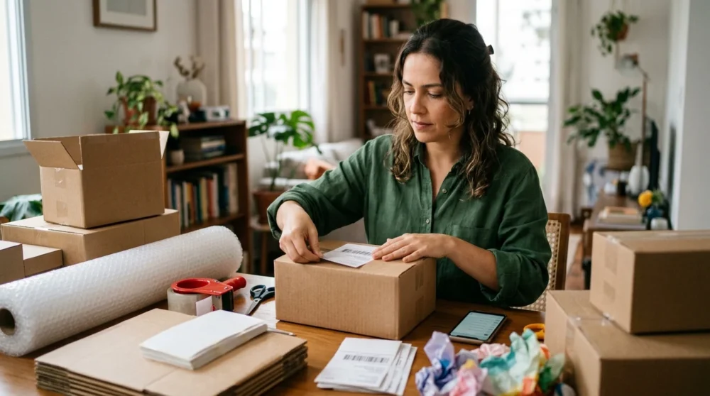 Vendedora embalando um pedido de loja online em casa, com caixas de papelão, plástico bolha e etiqueta de envio