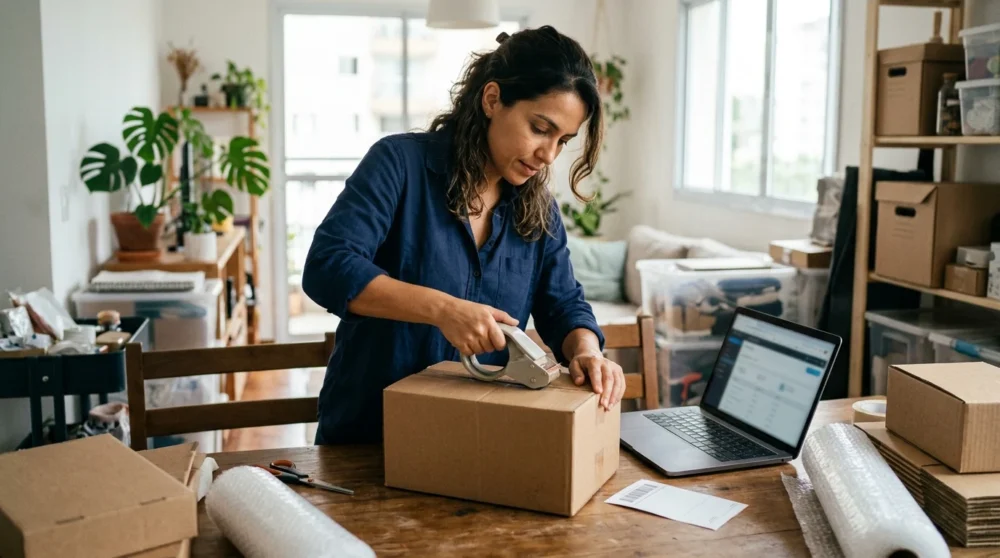 Mulher em casa embalando um produto novo numa caixa de papelão sobre a mesa, com fita adesiva, etiqueta de envio e notebook aberto ao lado