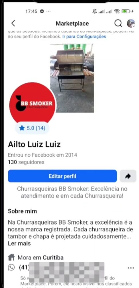 Perfil do Marketplace Facebook no celular com a nota de 5 estrelas, a descrição do vendedor e o número de WhatsApp vinculado logo abaixo de Sobre mim
